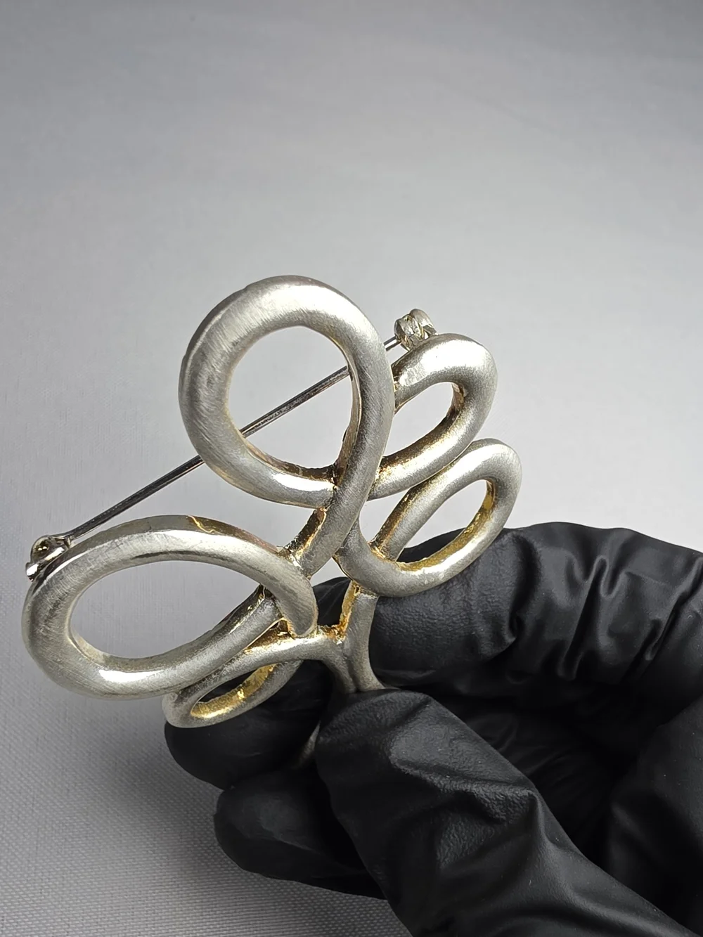 Modernist Silver Tone Ribbon Tree Brooch Minimalist Brushed Metal Pin